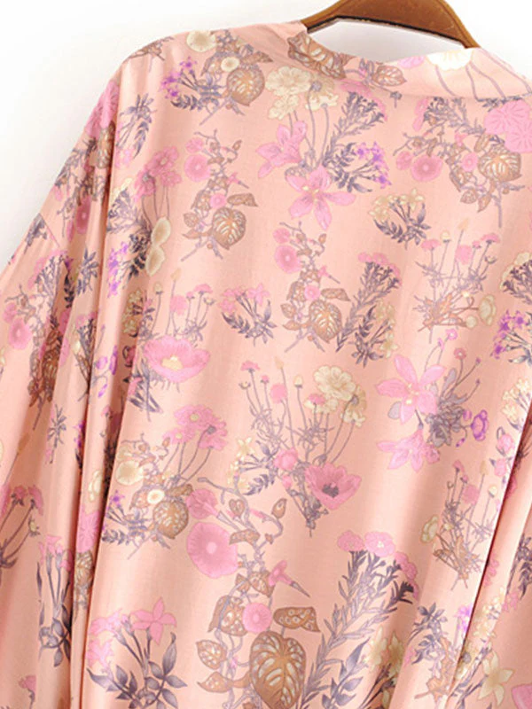 Short Kimono Floral Print Pink Cotton Viscose Short Length Gown Kimono Duster Robe - Image 11