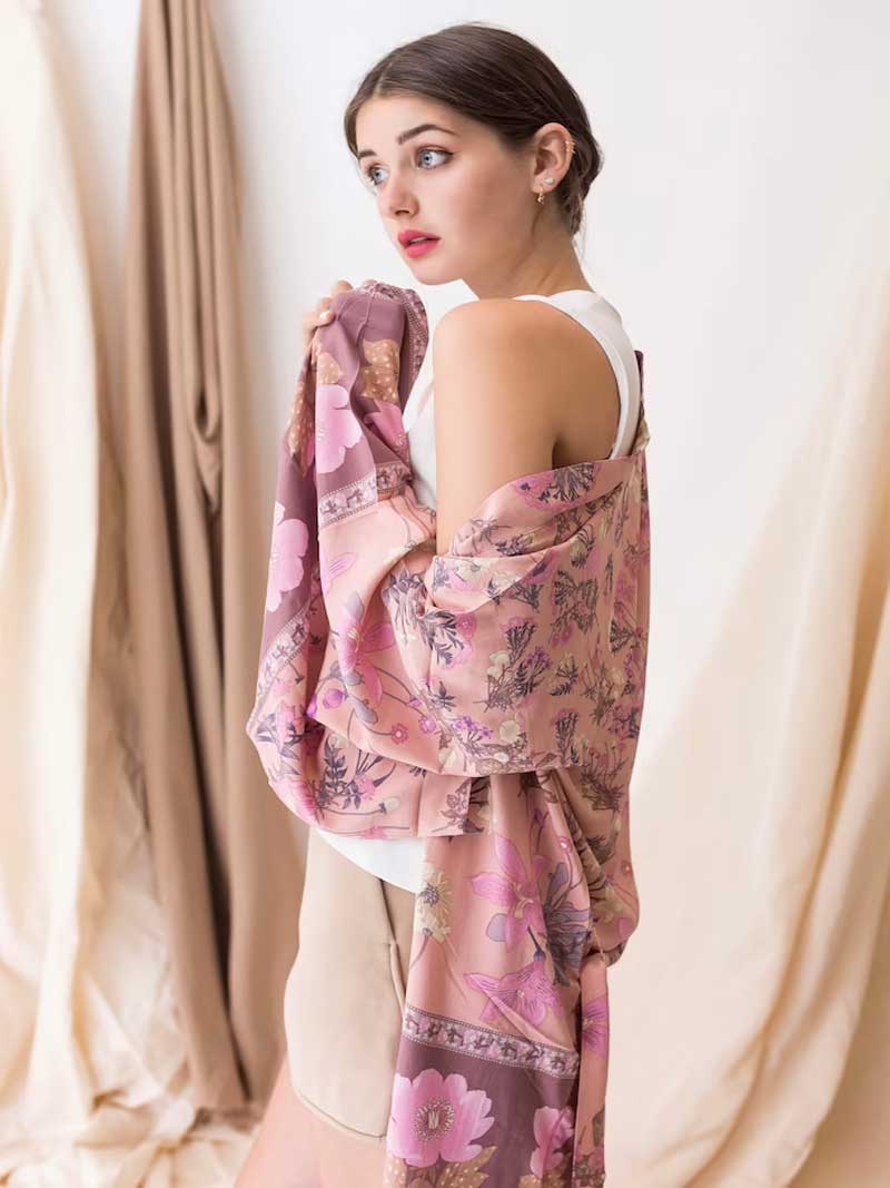 Short Kimono Floral Print Pink Cotton Viscose Short Length Gown Kimono Duster Robe - Image 4