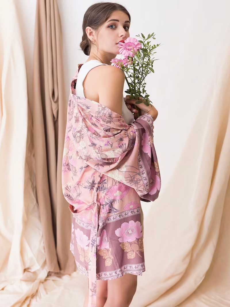 Short Kimono Floral Print Pink Cotton Viscose Short Length Gown Kimono Duster Robe - Image 5