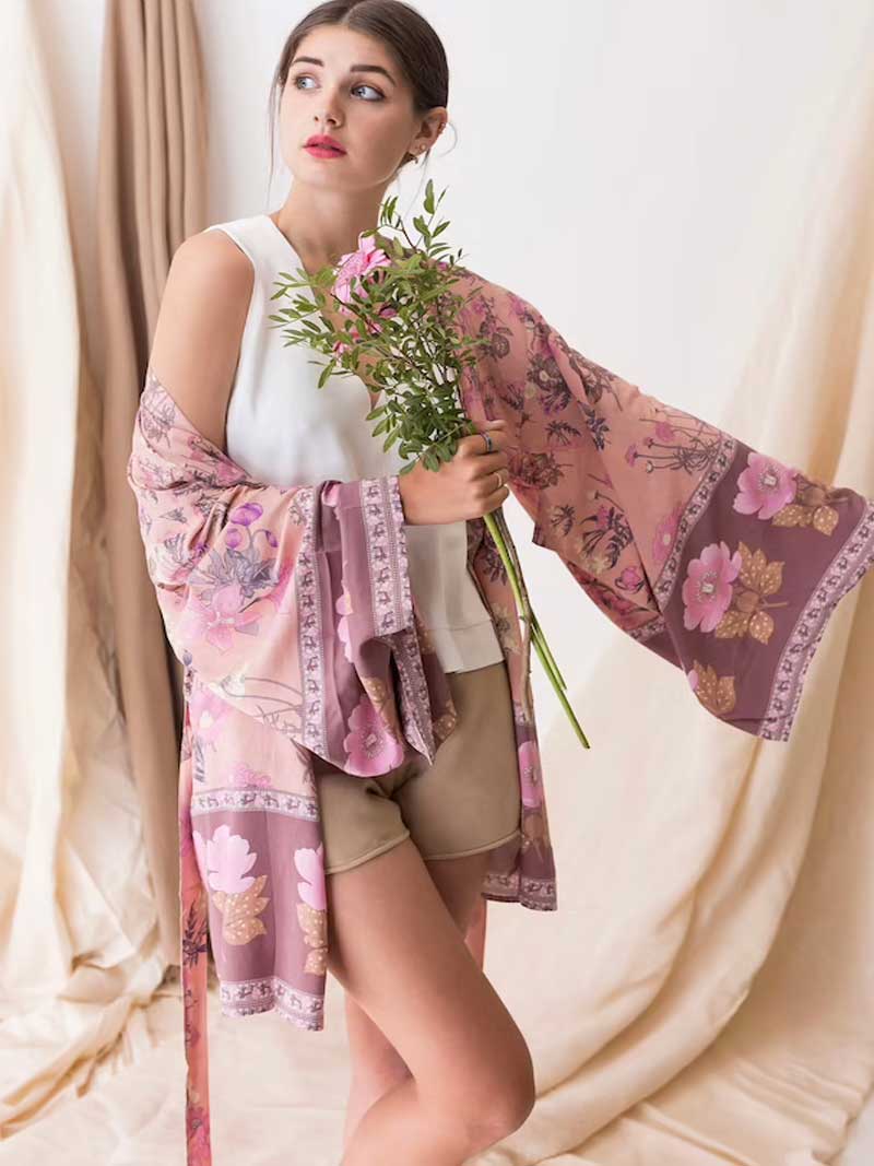 Short Kimono Floral Print Pink Cotton Viscose Short Length Gown Kimono Duster Robe - Image 7