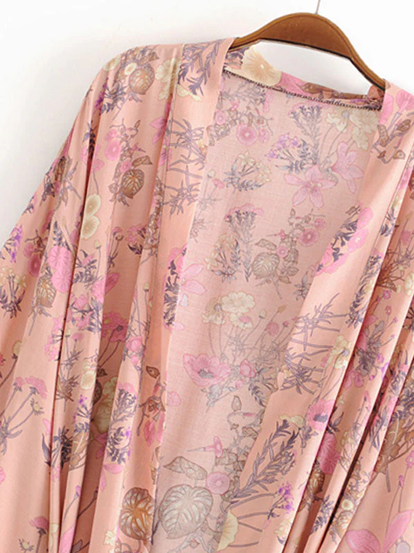 Short Kimono Floral Print Pink Cotton Viscose Short Length Gown Kimono Duster Robe - Image 8
