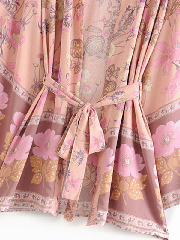 Short Kimono Floral Print Pink Cotton Viscose Short Length Gown Kimono Duster Robe - Image 9