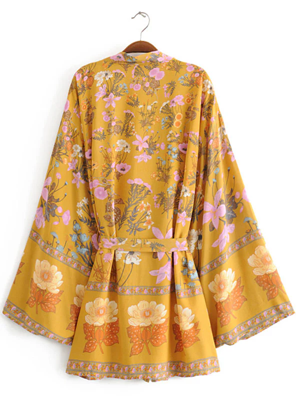 Short Kimono With Floral Print Yellow Color Cotton Viscose Short Length Gown Kimono Duster Robe - Image 2