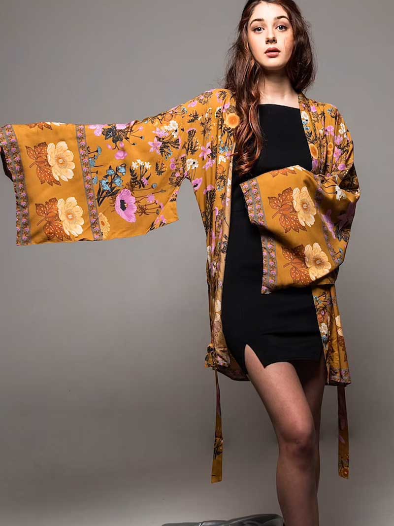 Short Kimono With Floral Print Yellow Color Cotton Viscose Short Length Gown Kimono Duster Robe - Image 3
