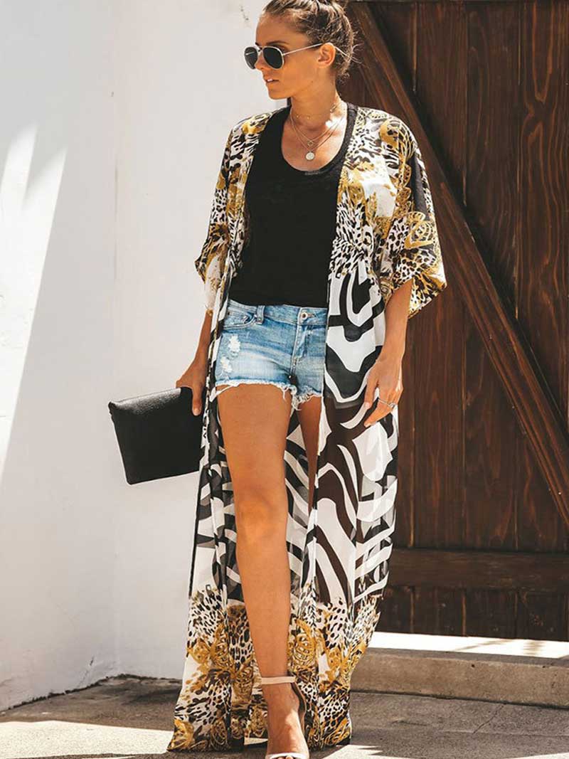 Printed Multicolor Chiffon Long Length Gown Kimono Duster Robe - Image 4