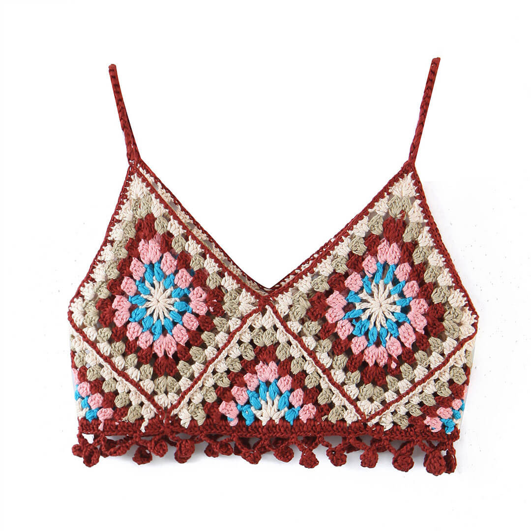 Pastel Granny Square Pattern V Neck Crochet Knit Cropped Top - Burgundy - Image 2