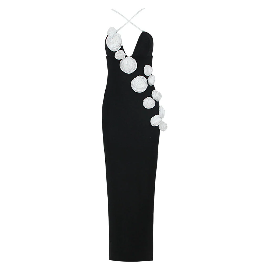 Pearlized Beaded Deep V Neck Open Back Rosette Applique Evening Bandage Maxi Dress - Image 7