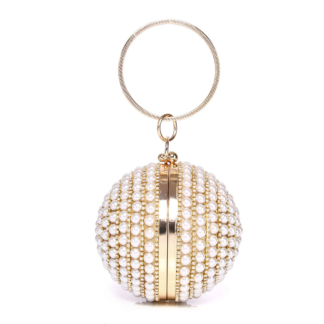 Pearlized Pearl Rhinestone Embellished Disco Ball Handle Party Bag - Gold - Image 2