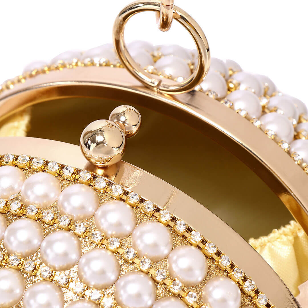 Pearlized Pearl Rhinestone Embellished Disco Ball Handle Party Bag - Gold - Image 3