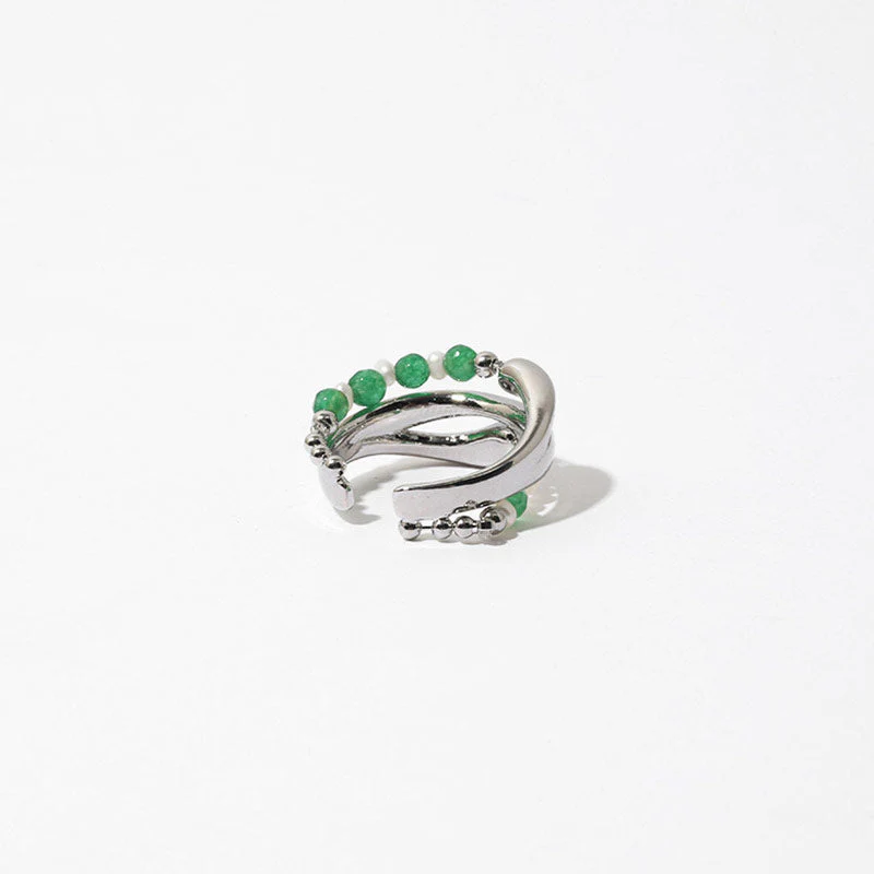 Personality Pearl Gemstone Beaded Layered Open Cuff Ring - Silver - Image 3