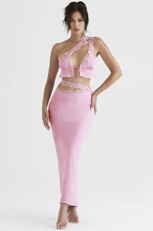 Pink Floaty Cropped Top+Lace Trim Maxi Skirt - Image 3