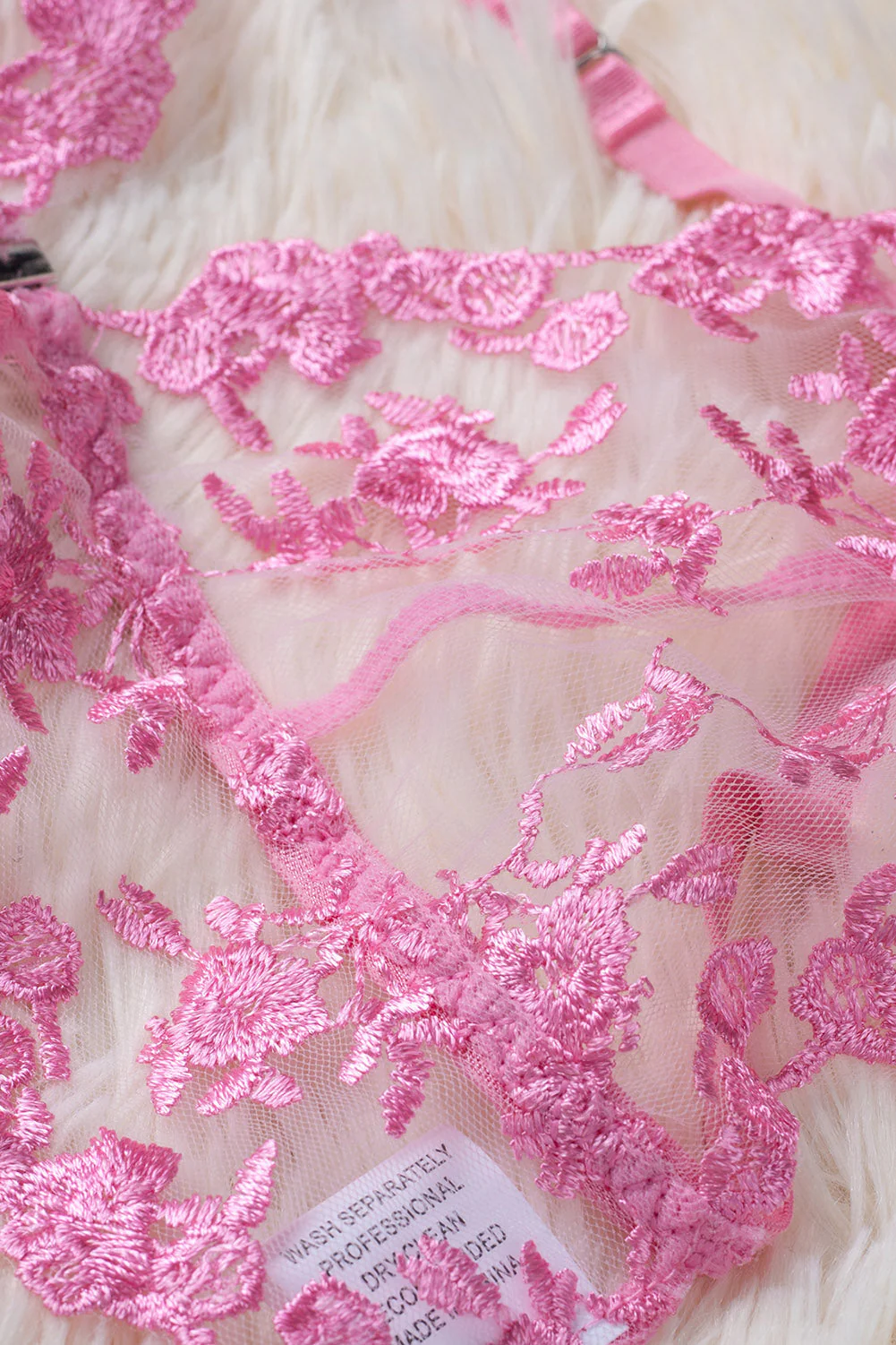 Pink Floral Embroidery Mesh Lace-Up Bra And Panty Set - Image 10