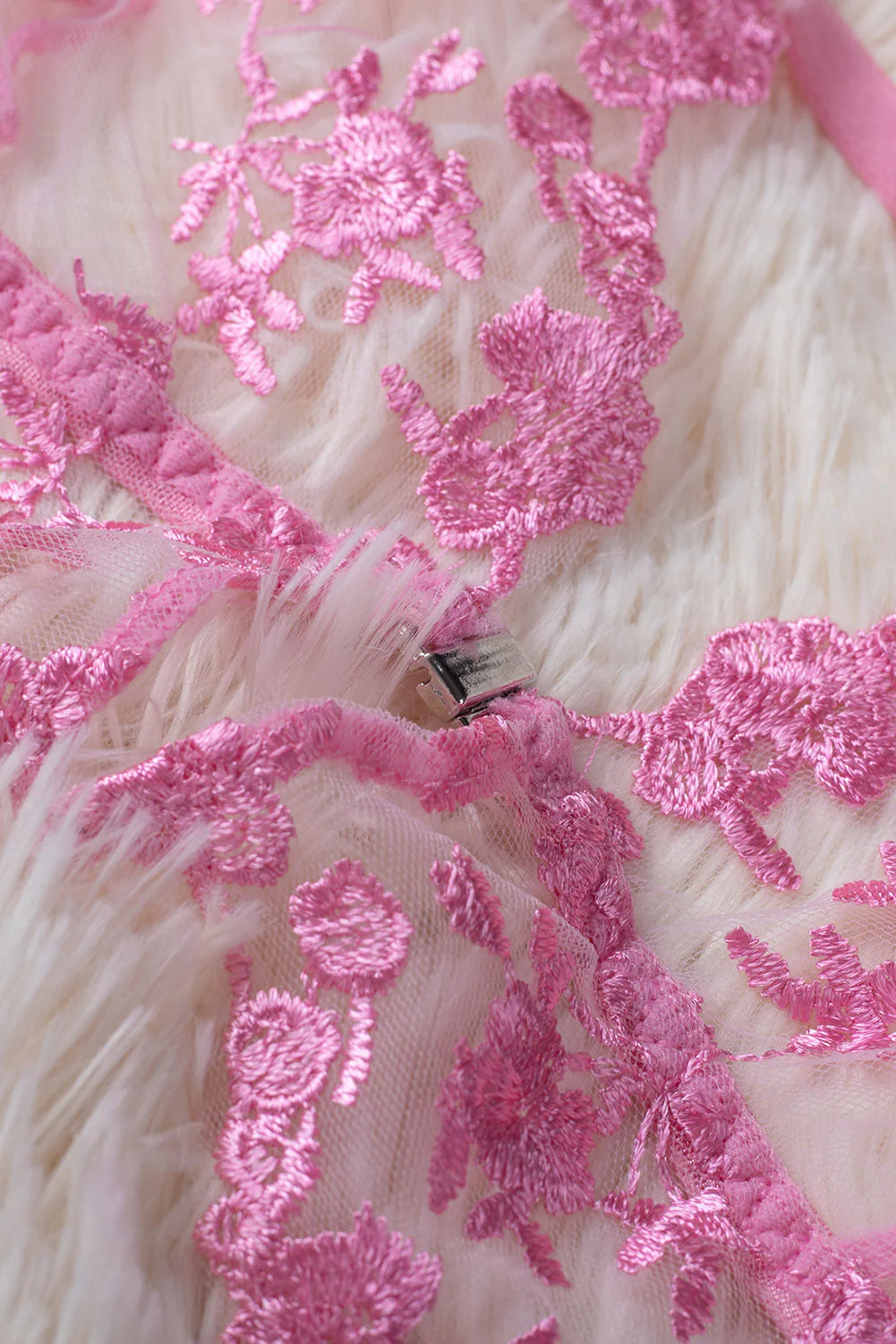 Pink Floral Embroidery Mesh Lace-Up Bra And Panty Set - Image 11