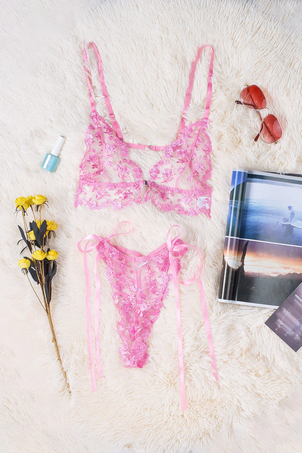 Pink Floral Embroidery Mesh Lace-Up Bra And Panty Set - Image 6