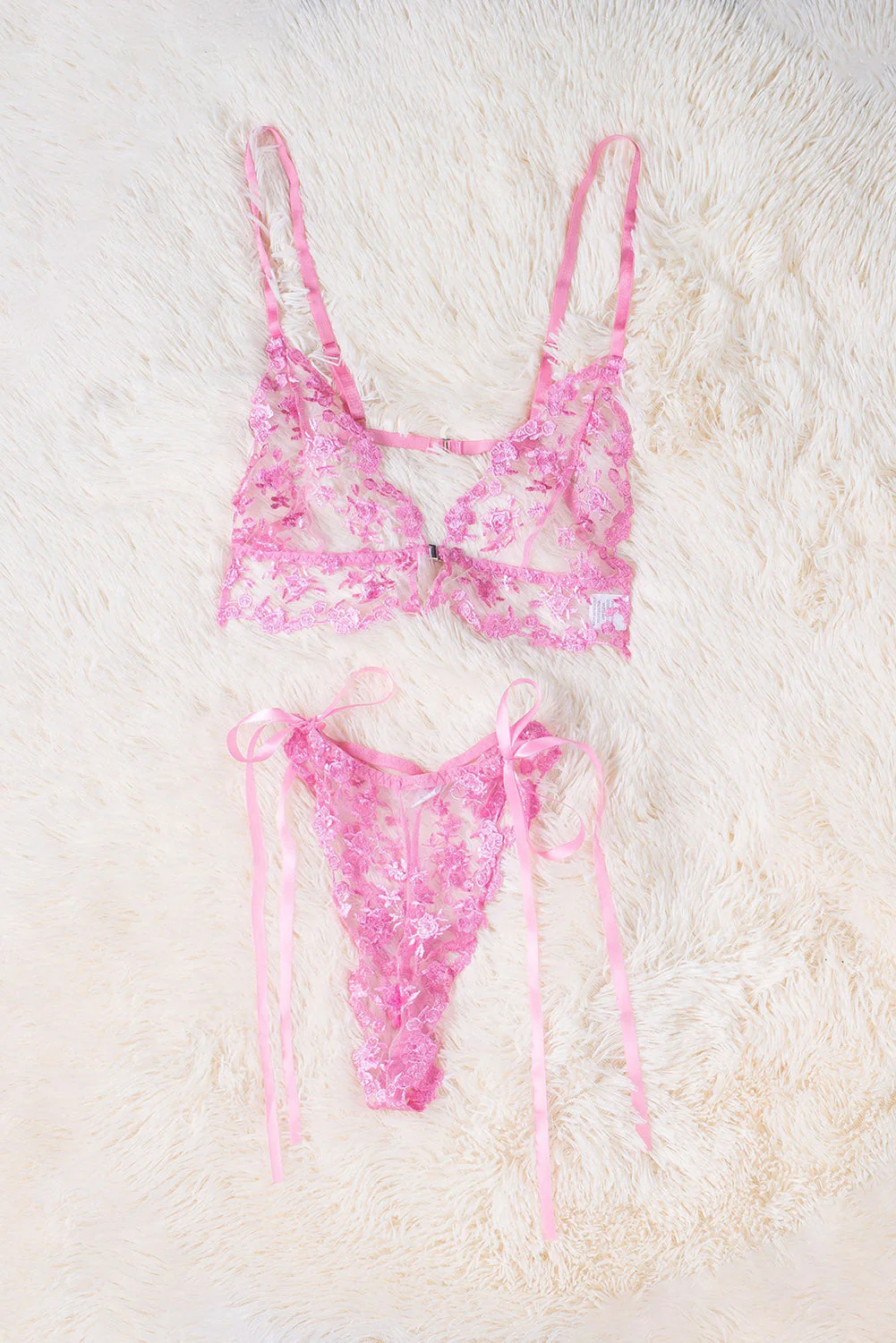 Pink Floral Embroidery Mesh Lace-Up Bra And Panty Set - Image 7