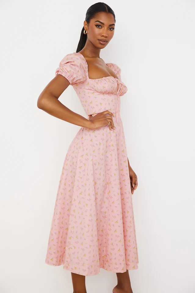 Pink Printed Puff Sleeve Midi Dress - Image 2
