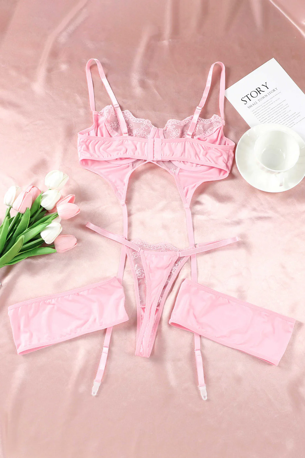 Pink Sheer Lace 3Pcs Garter Belt Lingerie Set - Image 8
