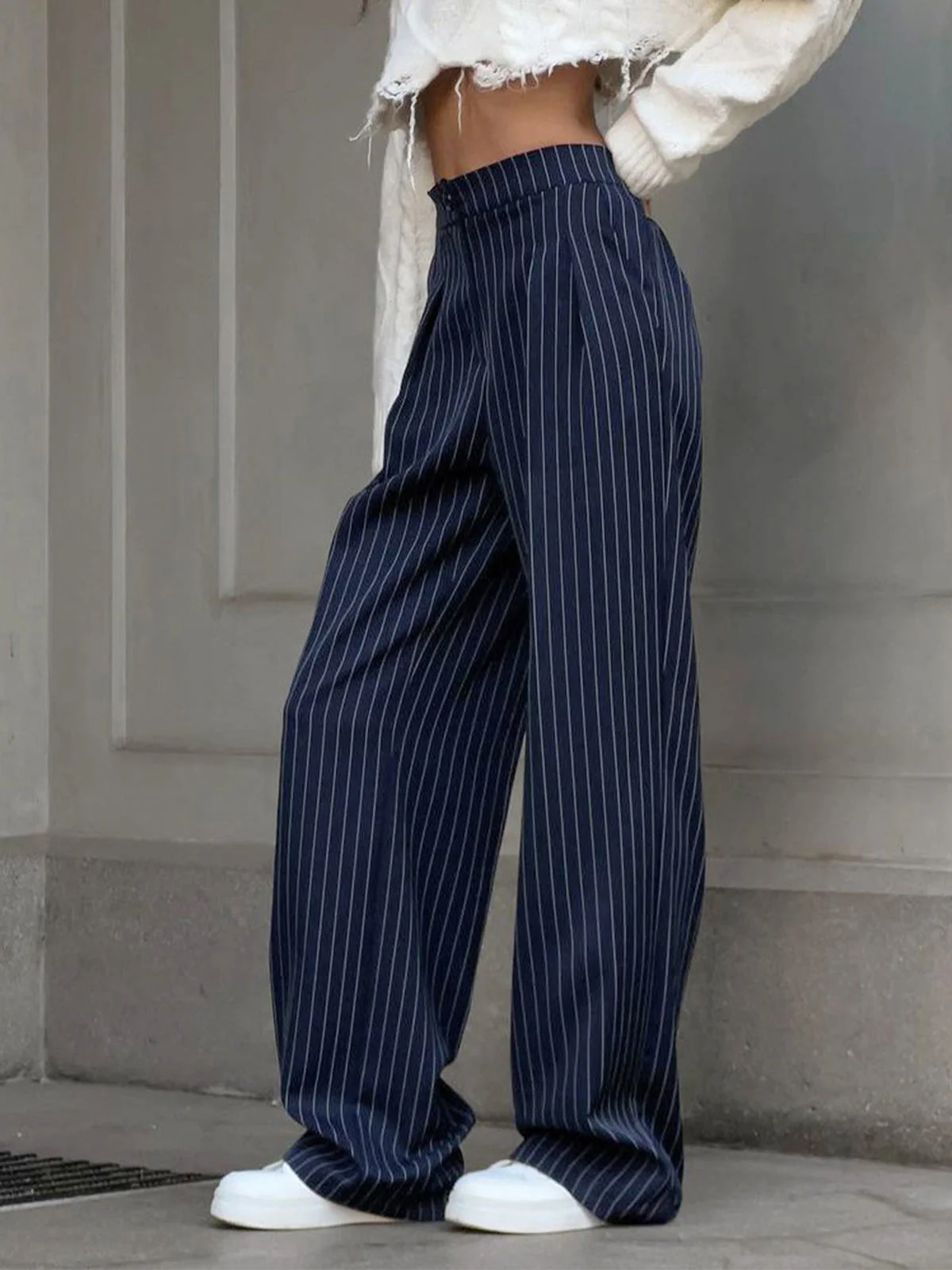 Pinstripe Pleated Wide Leg Pants - Image 2