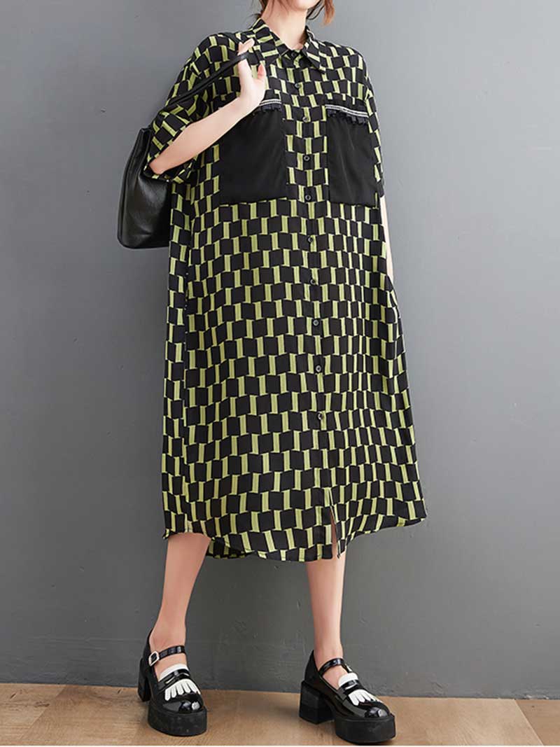 Plaid Print Cotton Front Pockets Shirt Dress - Image 4