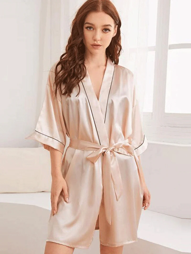 Silk Kimono Robe Plain Beige Color Short Length Gown Kimono Duster Robe - Image 4