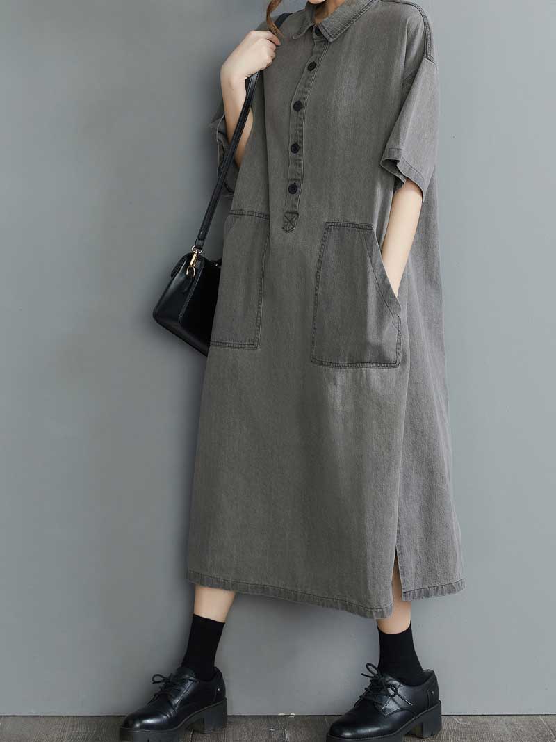 Plain Cotton Grey Color Short Sleeve Midi Dress - Image 3