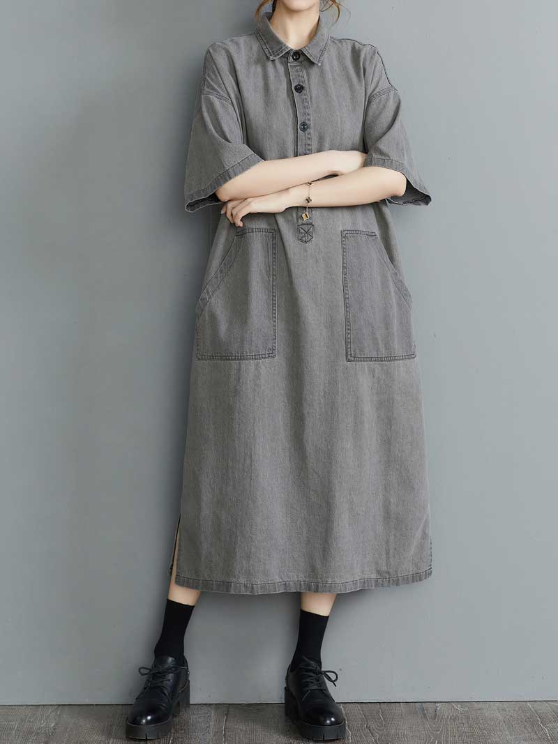 Plain Cotton Grey Color Short Sleeve Midi Dress - Image 4