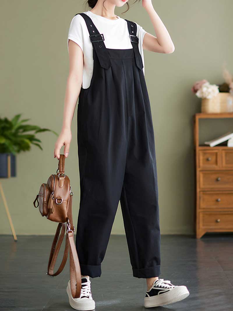 Plain Cotton Overalls High Waist Dungaree - Image 12