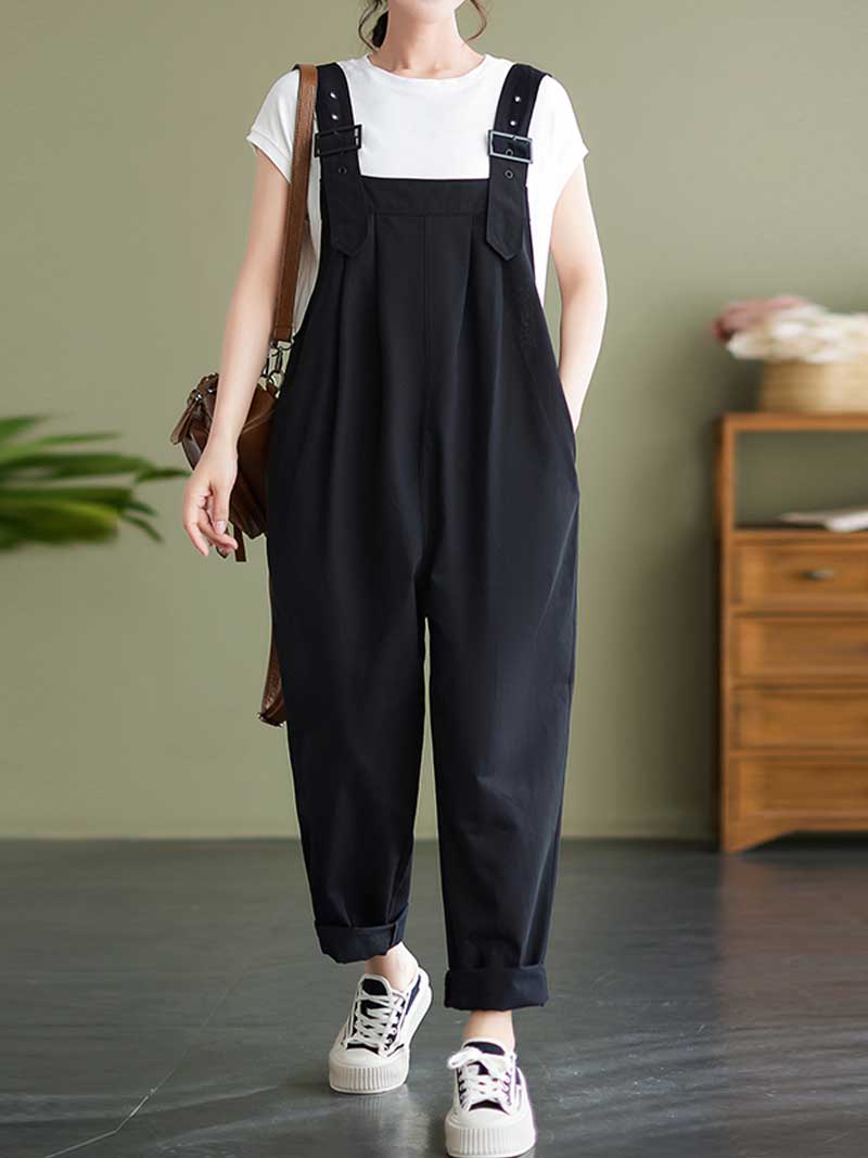 Plain Cotton Overalls High Waist Dungaree - Image 4