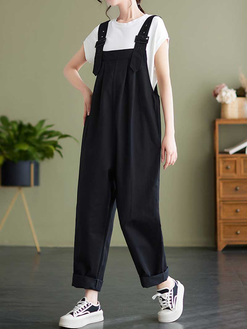 Plain Cotton Overalls High Waist Dungaree - Image 8