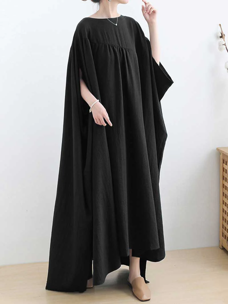 Plain Cotton Round-Neck Bat Sleeves Kaftan Dress - Image 6