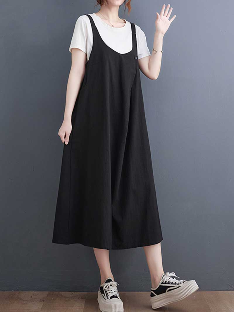 Plain Cotton Round-Neck Salopette Dress - Image 4