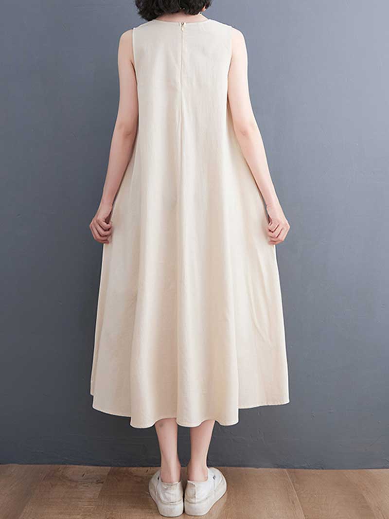Plain Cotton Round Neck Sleeveless Midi Dress - Image 3