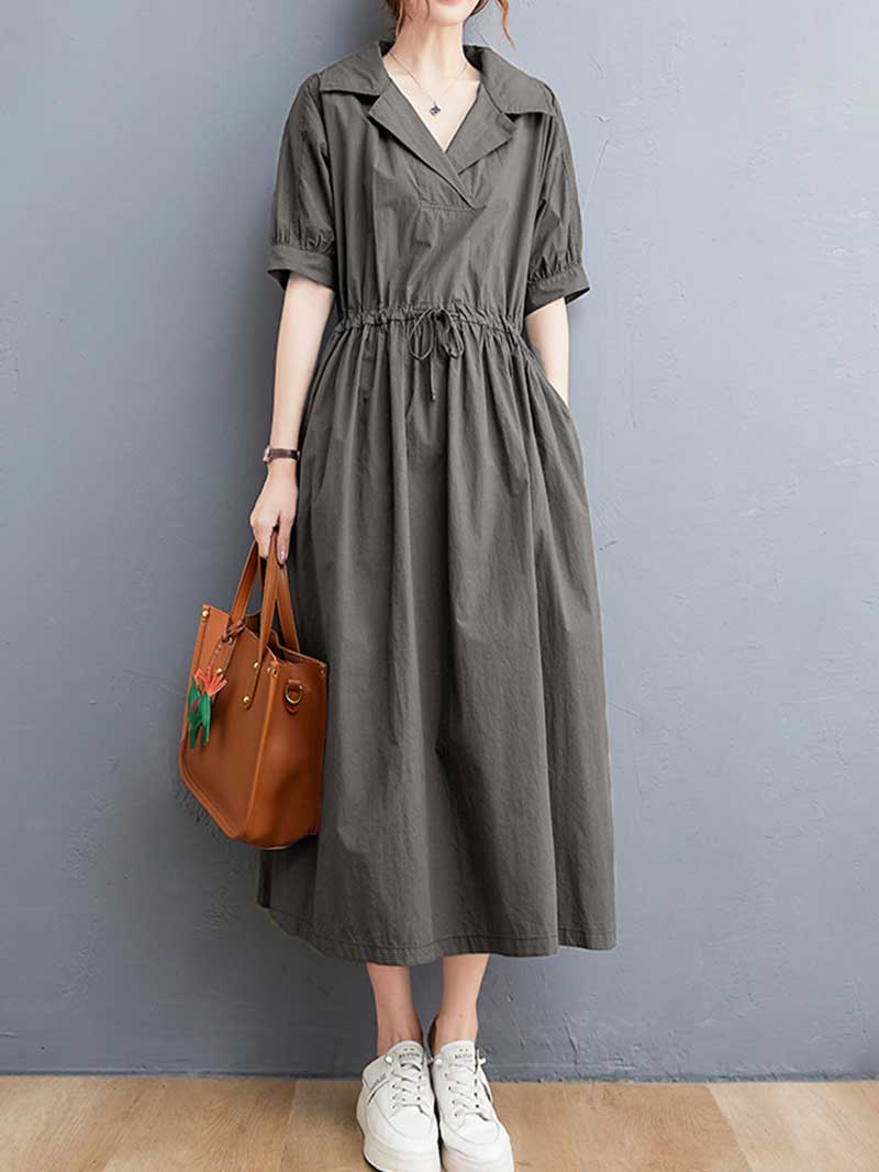Plain Cotton Short Sleeve A-Line Dress - Image 3