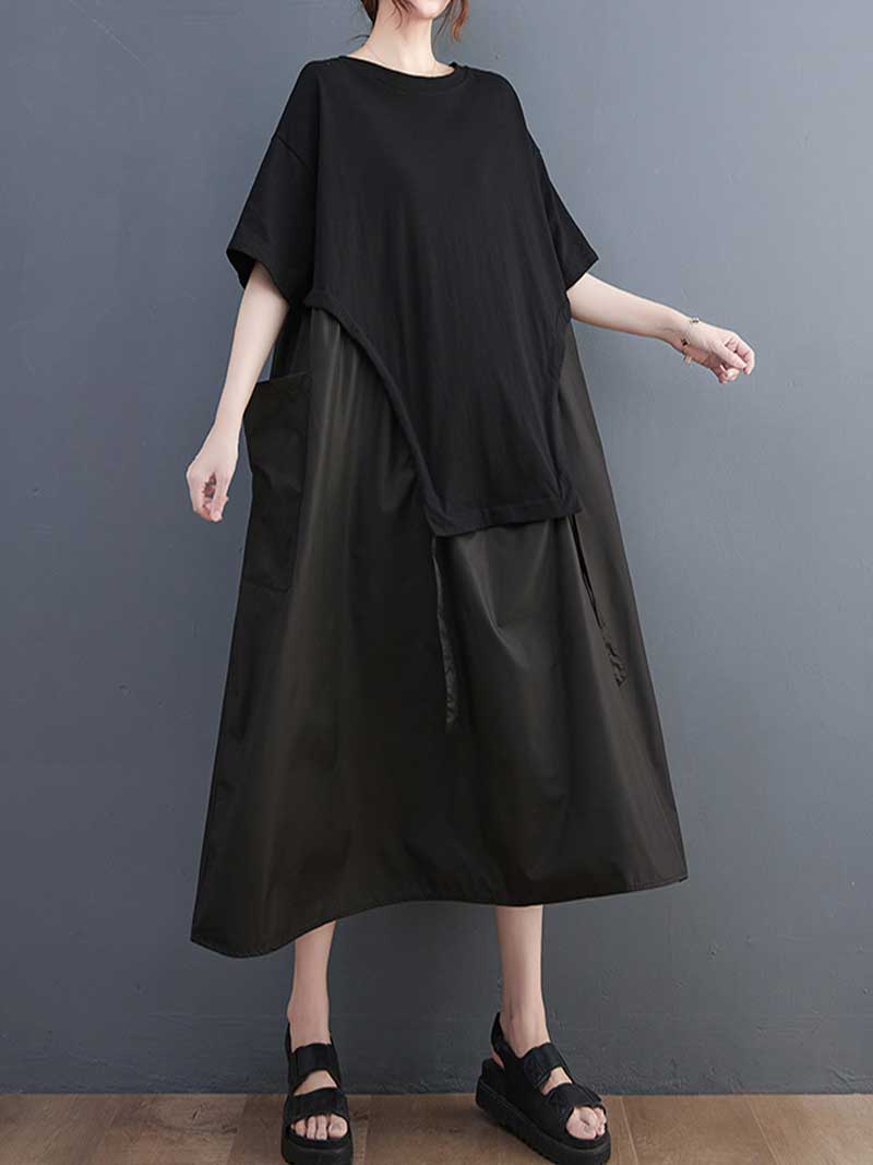 Plain Cotton Short Sleeve Pocket Style Midi Dress - Image 2