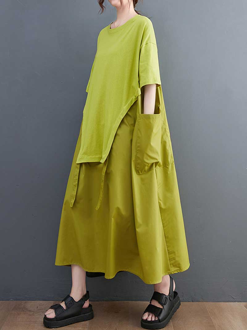 Plain Cotton Short Sleeve Pocket Style Midi Dress - Image 3
