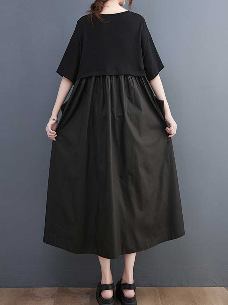 Plain Cotton Short Sleeve Pocket Style Midi Dress - Image 4