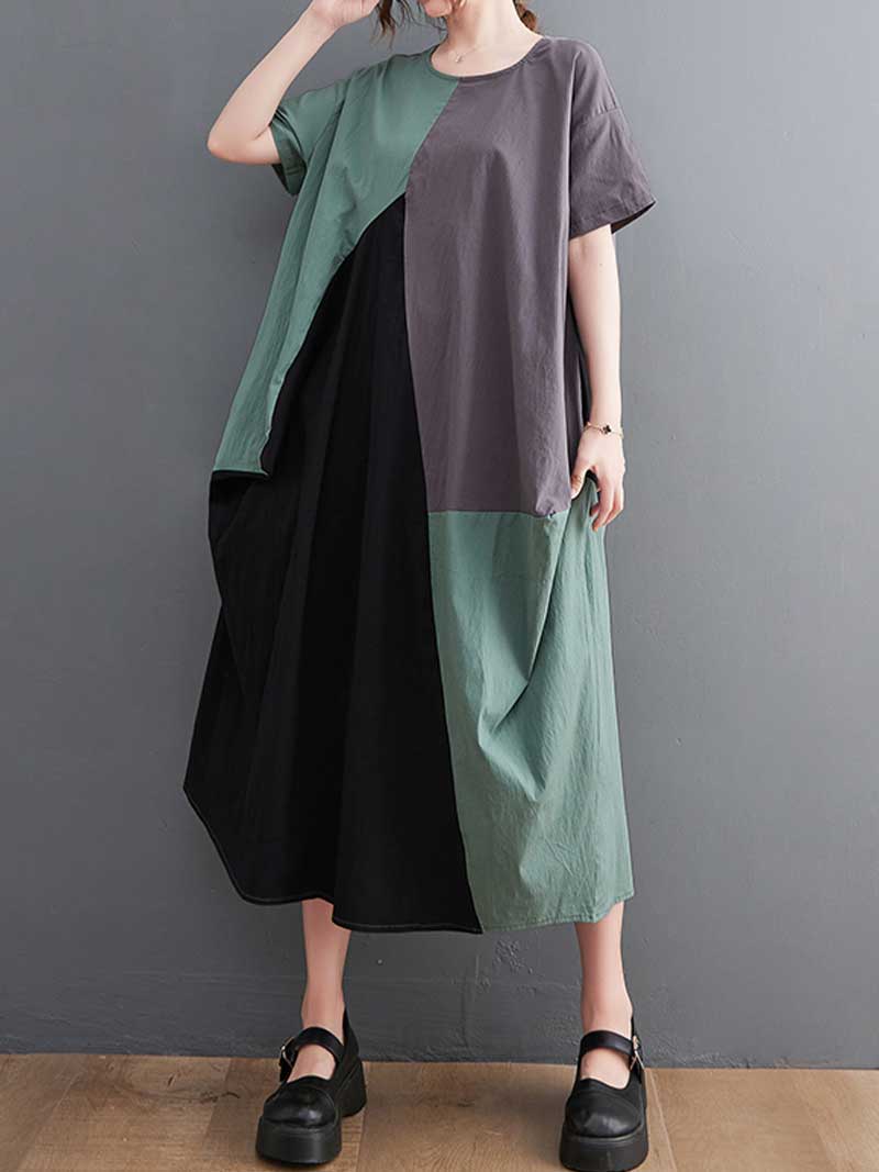 Plain Cotton Short Sleeves A-Line Dress - Image 2