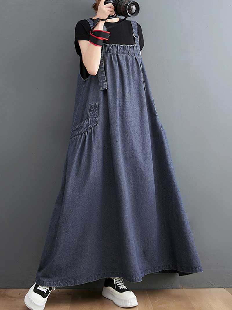 Plain Denim Salopette Overall A-Line Dress - Image 3