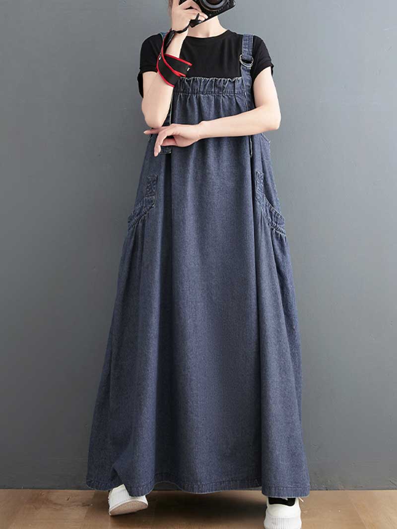 Plain Denim Salopette Overall A-Line Dress - Image 4