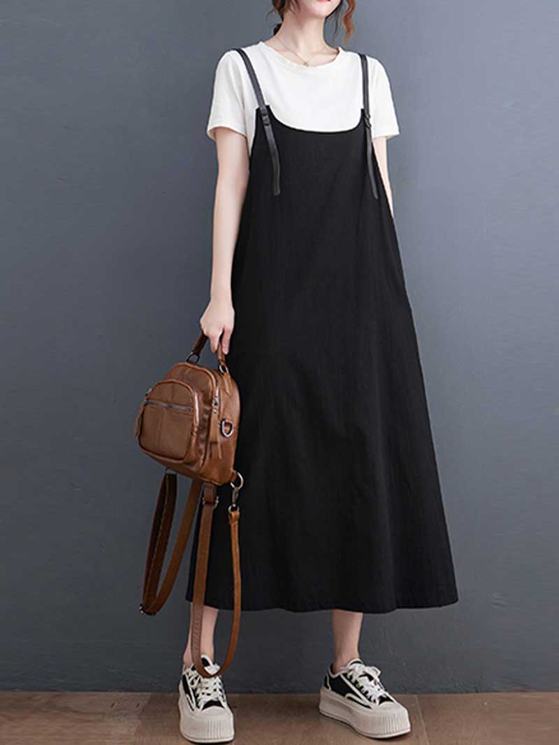 Plain Green Black Hemp Material Salopette Dress - Image 2