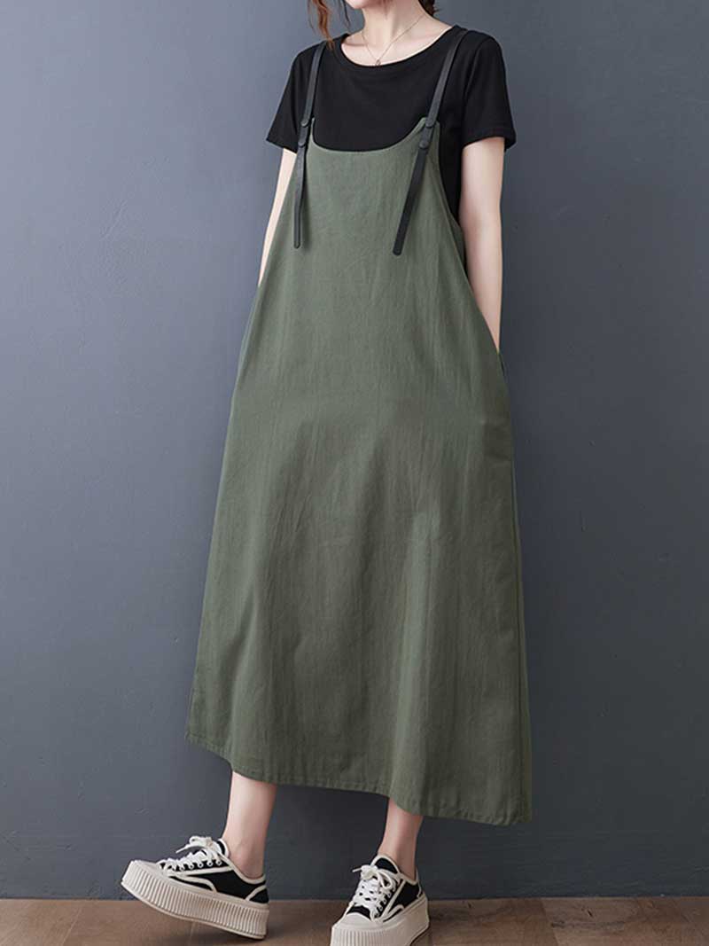 Plain Green Black Hemp Material Salopette Dress - Image 3
