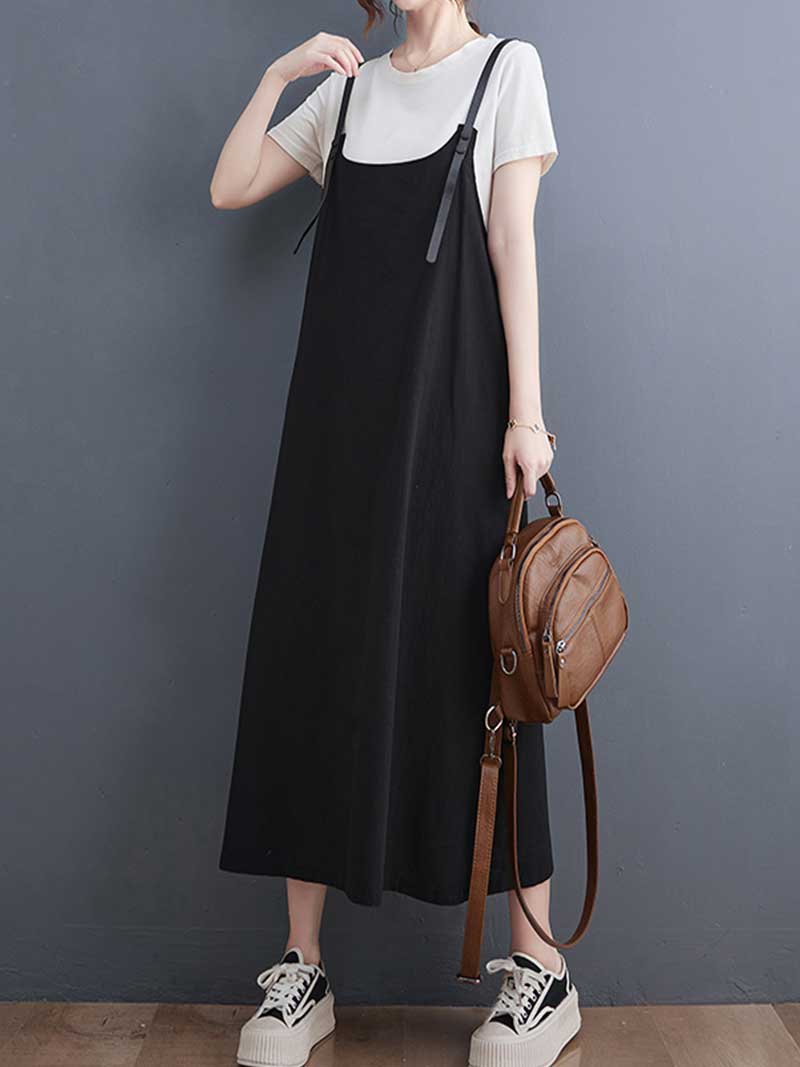 Plain Green Black Hemp Material Salopette Dress - Image 6