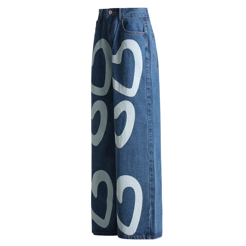 Playful Contrast Heart Print Straight Leg High Waist Denim Boyfriend Jeans - Image 2