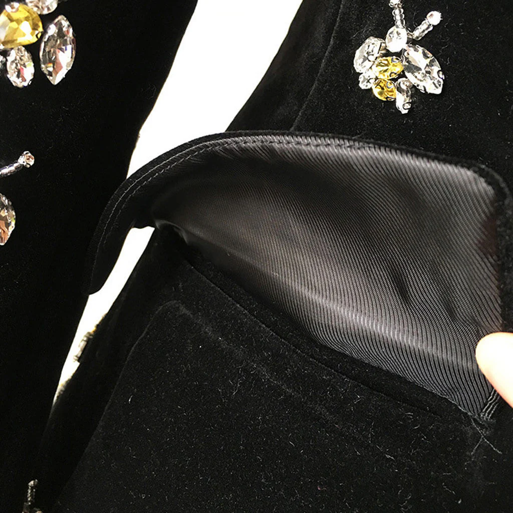 Playful Crystal Bee Embellished Lapel Single Breasted Long Tailored Velvet Blazer - Image 5
