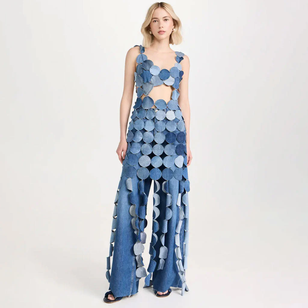 Playful Lacer Cut Circle CutOut Sleeveless Denim Applique Maxi Fringe Dress - Image 2