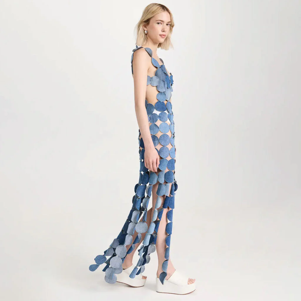 Playful Lacer Cut Circle CutOut Sleeveless Denim Applique Maxi Fringe Dress - Image 3