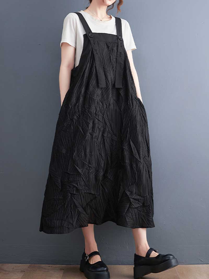 Pleated Cotton Black Color Salopette Dress - Image 3