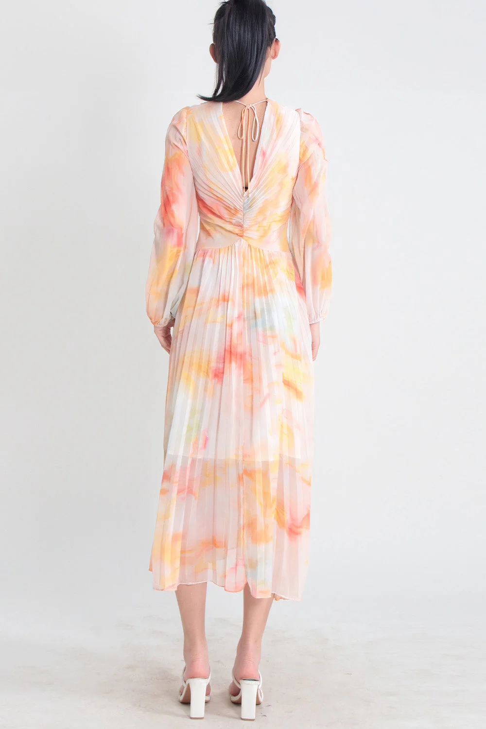 Pleated Midi Dress with V Neckline - Colorful