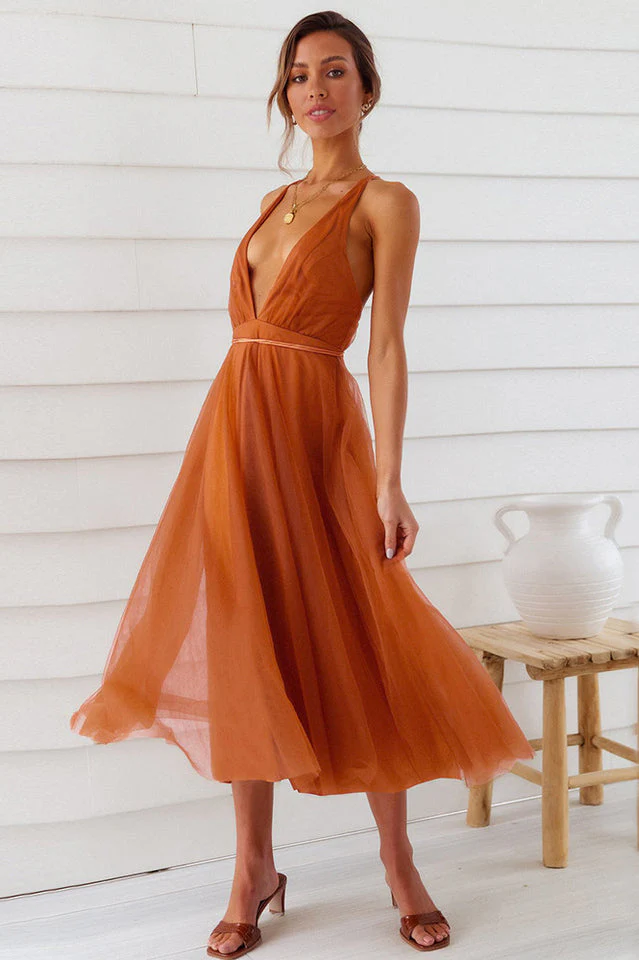 Plunging Neck Backless Mesh Midi Dress - Image 9