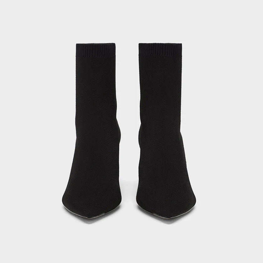 Elegant Pointed Toe Chunky Heel Mid Calf Sock Boots - Black - Image 3